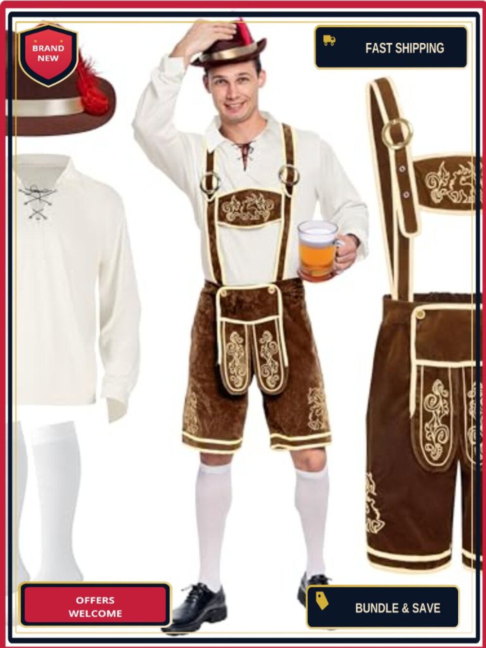 Men's Oktoberfest Lederhosen Costume Bavarian Beer Festival Halloween Outfit